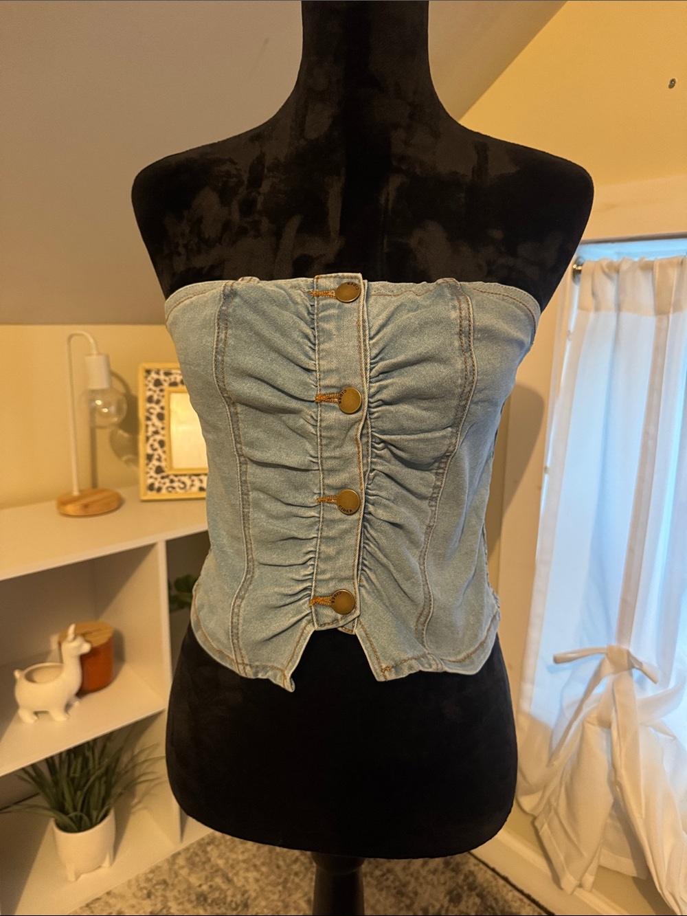 Cider Light Blue Denim Ruched Corset Tube Top